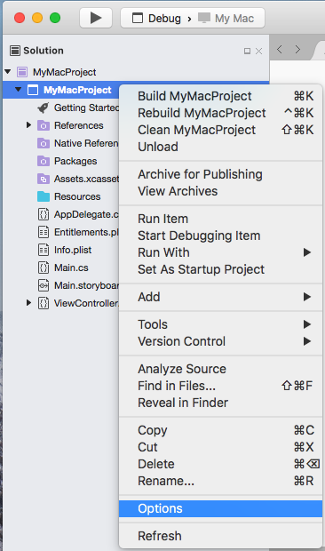 The contextual menu for the project The contextual menu for the project