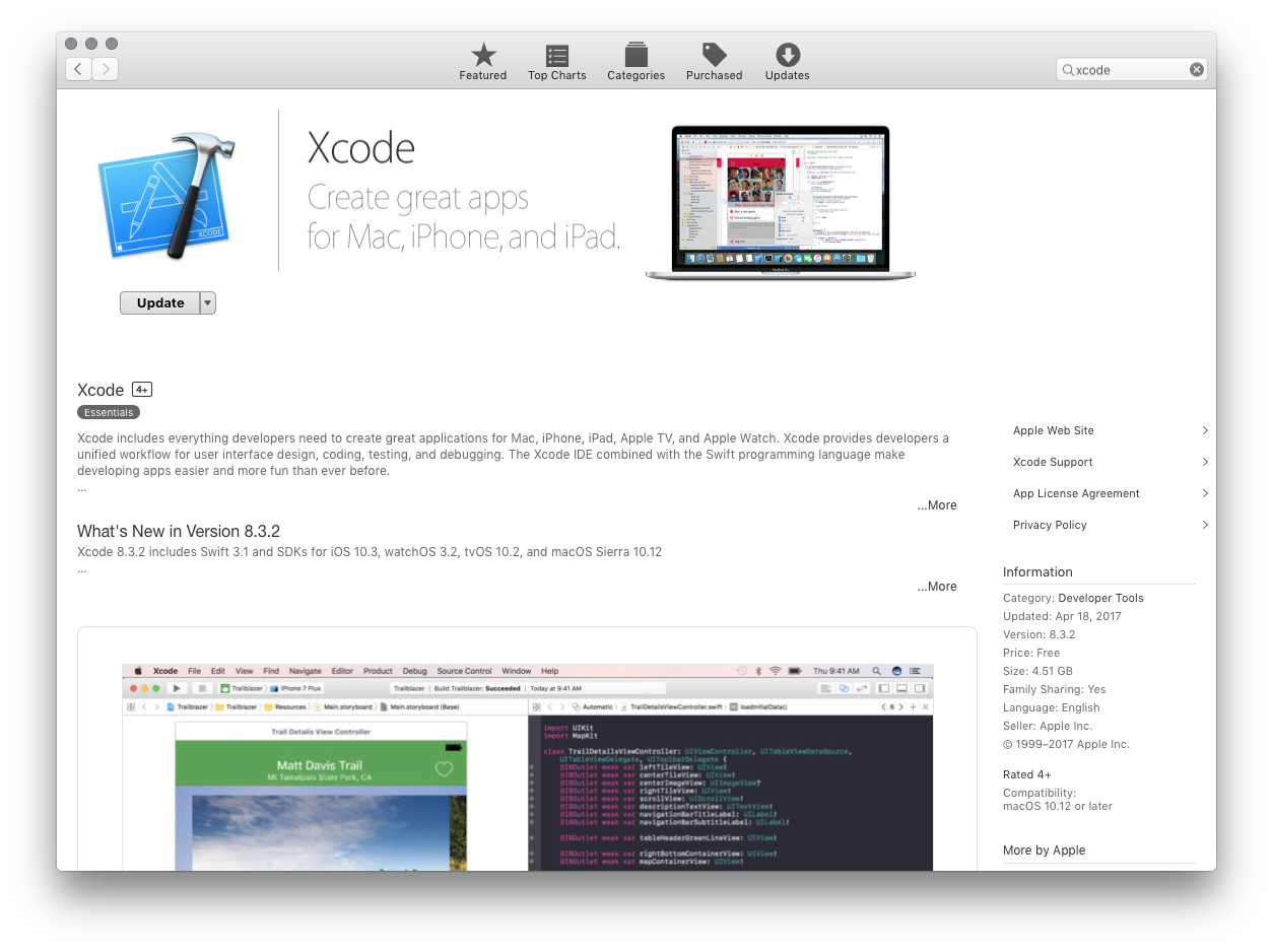 Xcode in the Mac App Store Screenshot of Xcode listing page in Mac App Store