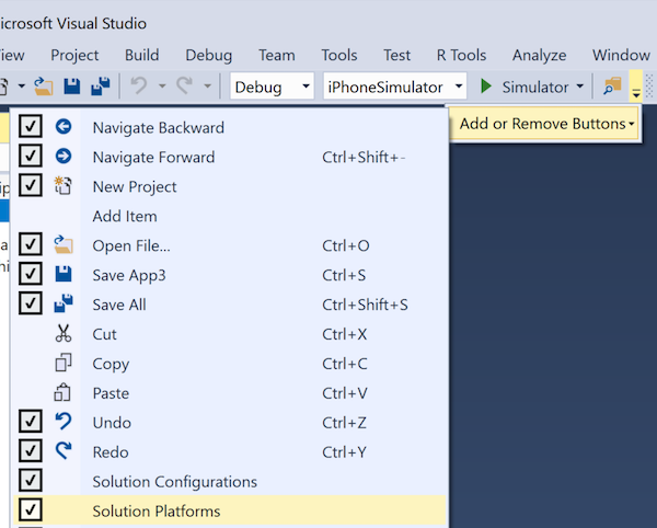 Enabling the Solution Platforms drop-down menu Enabling the Solution Platforms drop-down menu