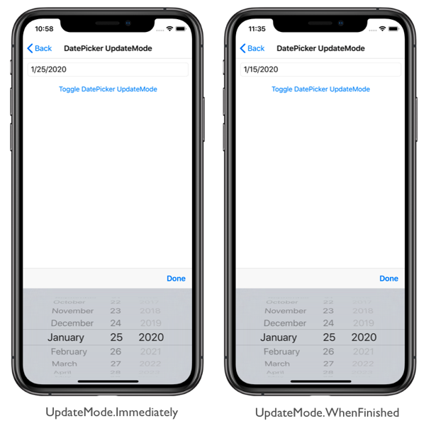 DatePicker UpdateMode Platform-Specific Screenshot of DatePicker update modes