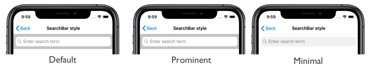 SearchBar styles on iOS Screenshot of SearchBar styles, on iOS