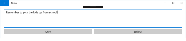 UWP app with a Xamarin.Forms XAML UI Screenshot shows a Notes page with a text box with a note entered.