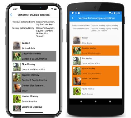 CollectionView vertical list with multiple selection Screenshot of a CollectionView vertical list with multiple selection, on iOS and Android