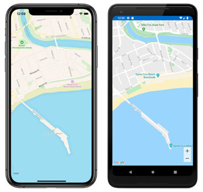 Map control with a specified location Screenshot of map control with specified location, on iOS and Android