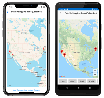 Map with data bound pins Screenshot of map with data bound pins, on iOS and Android