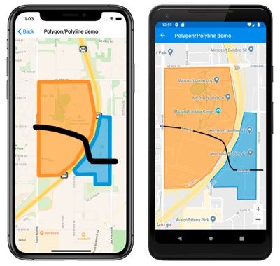 Polygon and polyline on a map "Screenshot of a map polygon and polyline, on iOS and Android"