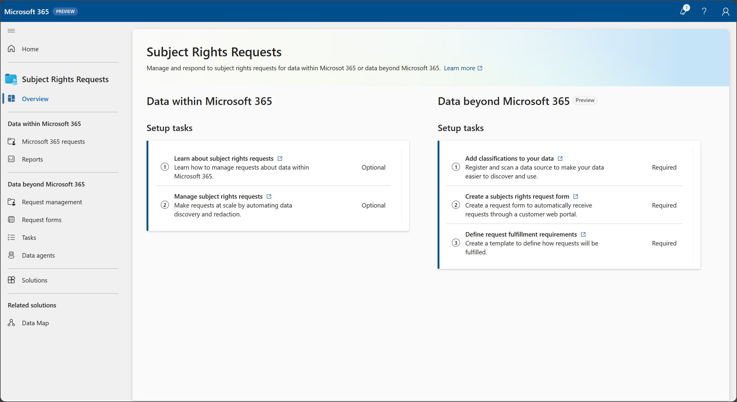 Screenshot of the subject rights requests overview page in the Priva portal.