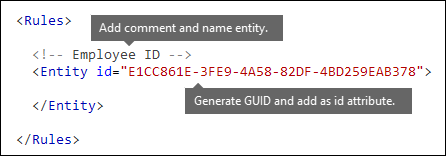 XML markup showing Rules and Entity elements.