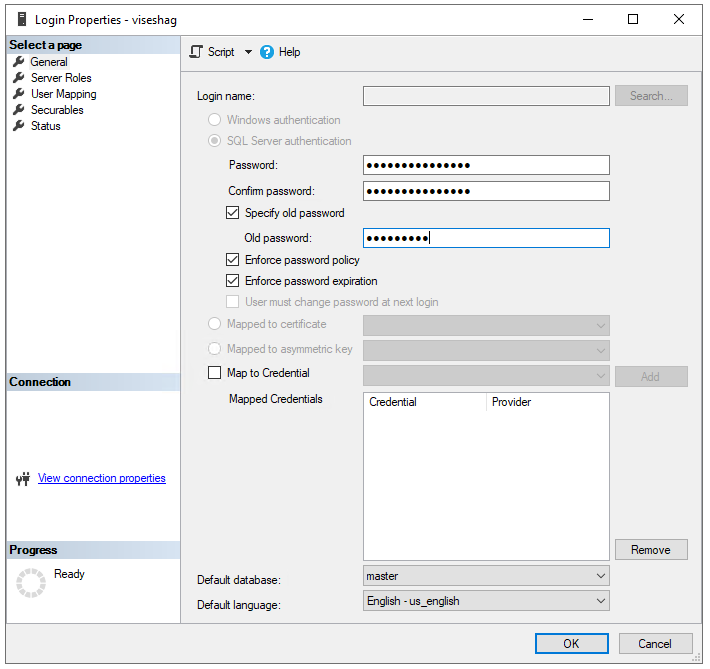 Screenshot that shows selections for changing a password.