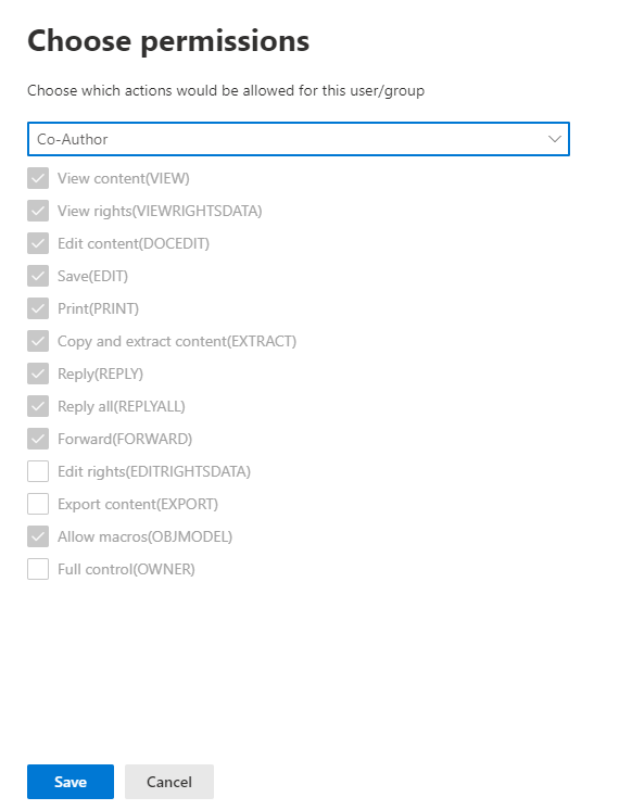 Encryption options to choose permission levels or custom permissions.