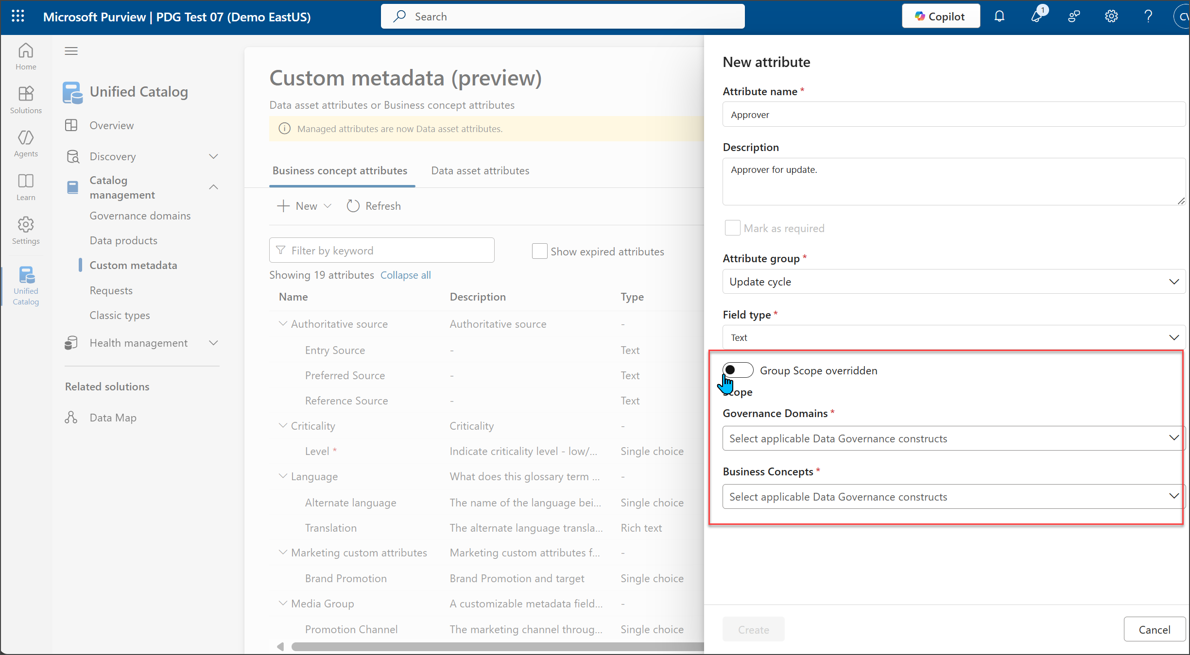 Custom metadata attribute scope setting.