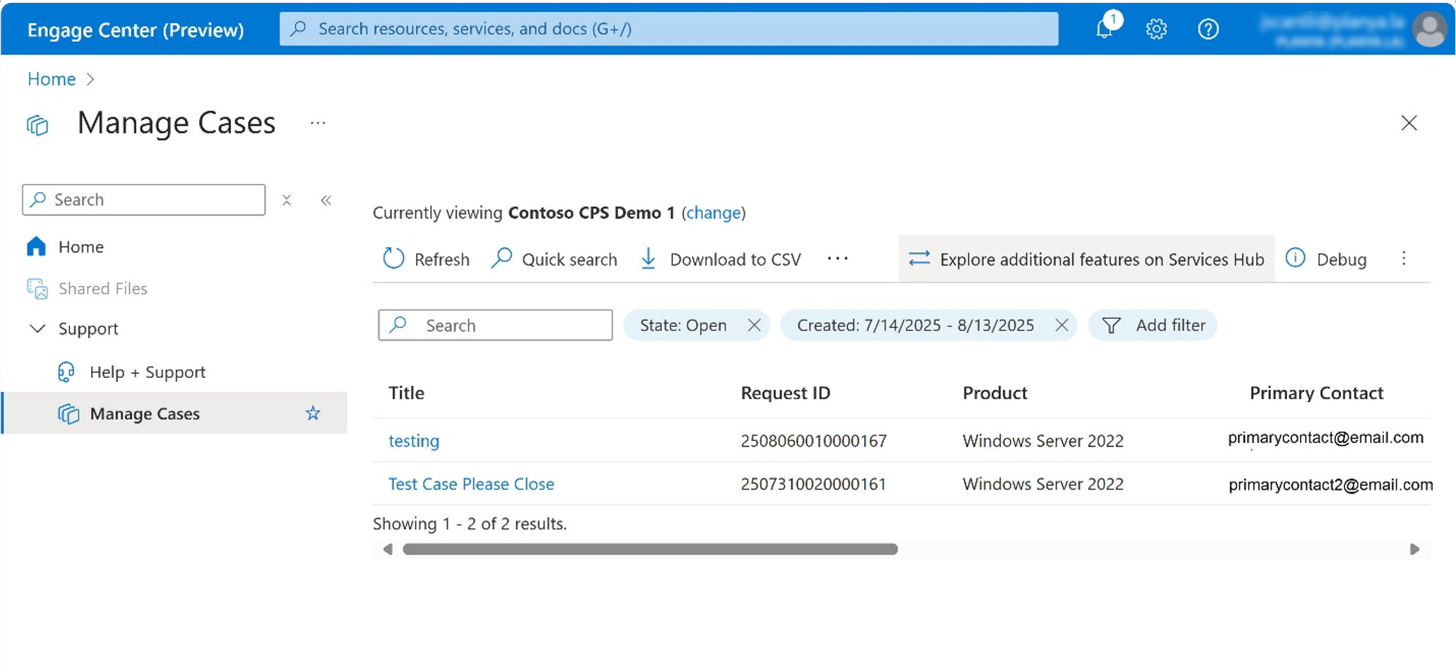  Manage Cases page of Microsoft Engage Center. 