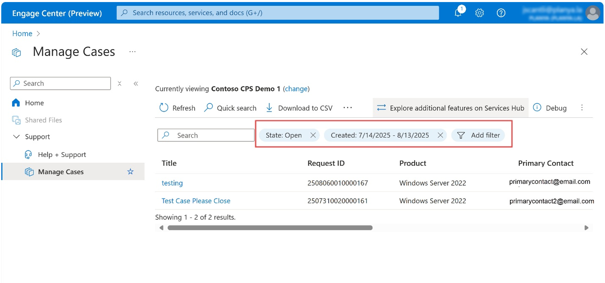  Filter options on the Manage Cases page of Engage Center. 