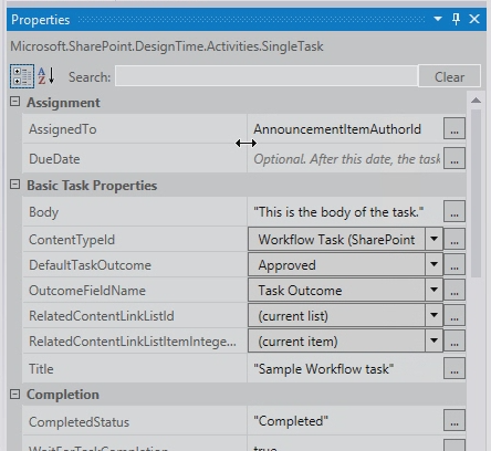 The screenshot shows how to select the SingleTask activity and then inspect the Properties property grid.