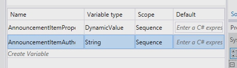 The screenshot shows how to create an AnnouncementItemAuthorId variable to store the I D of the person who created the list item.