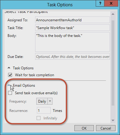 The screenshot shows the email options you can set.