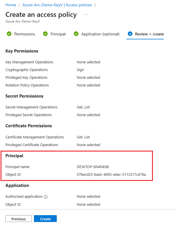 Screenshot of Azure portal to review and create access policy.