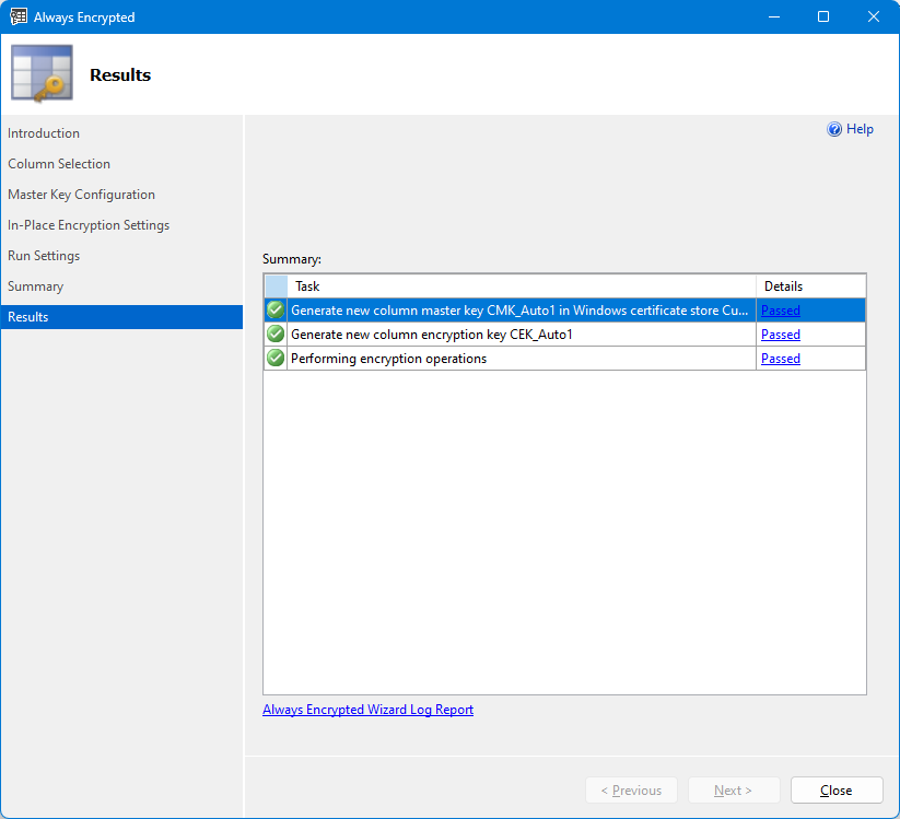 Screenshot of the Always Encrypted Wizard summary.