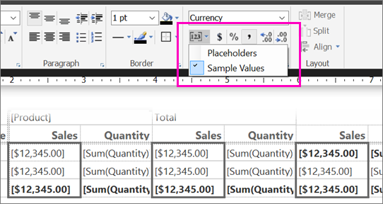 Screenshot of the Report Builder Sample Values option.