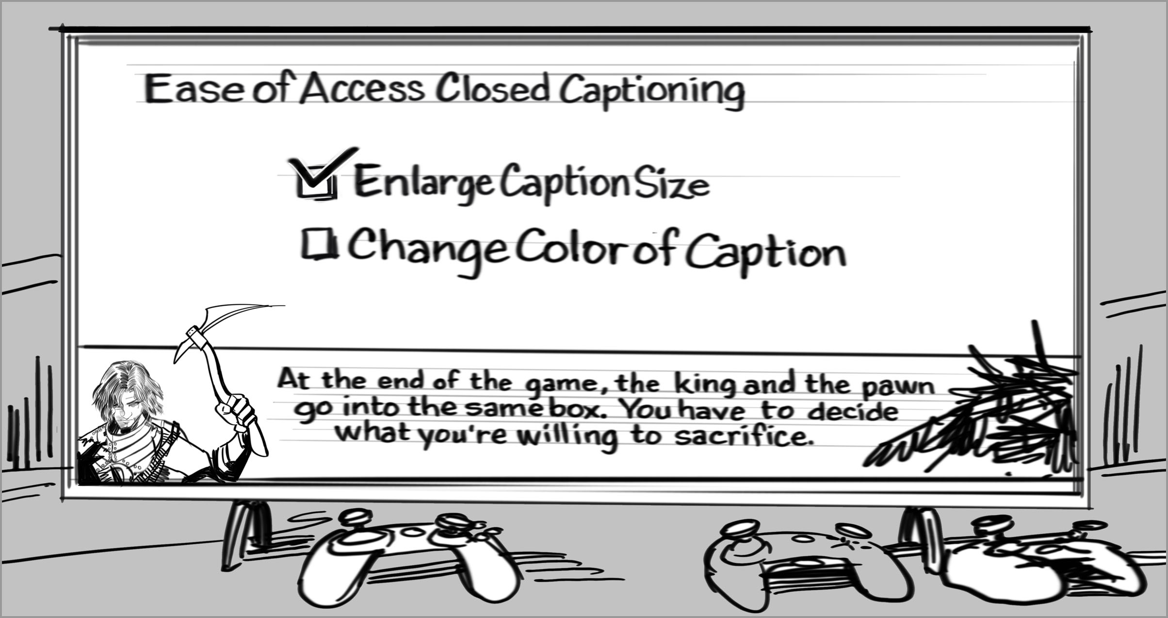 The monitor shows closed captioning options. The man has selected the option to enlarge caption size, and he hasn’t selected the option to change the caption color.
