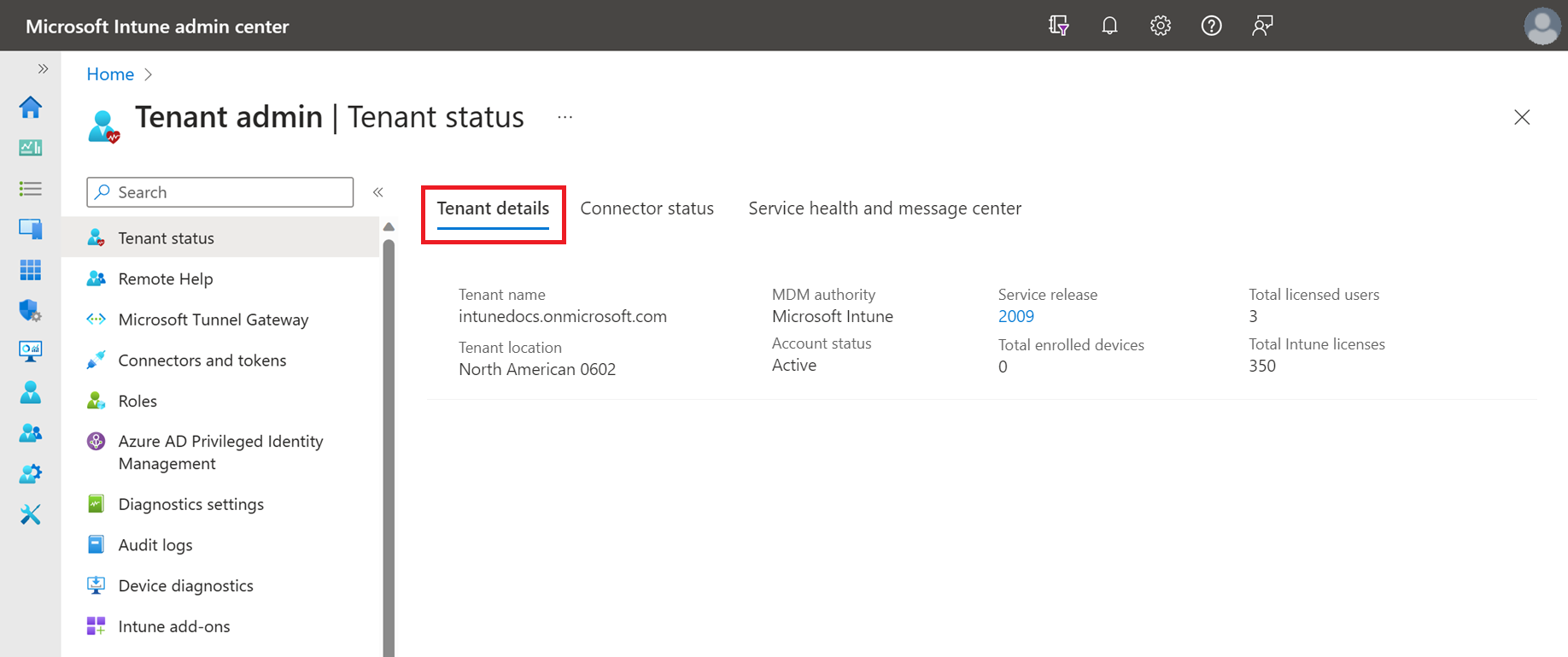 Screenshot of Intune Tenant details in Microsoft Intune.