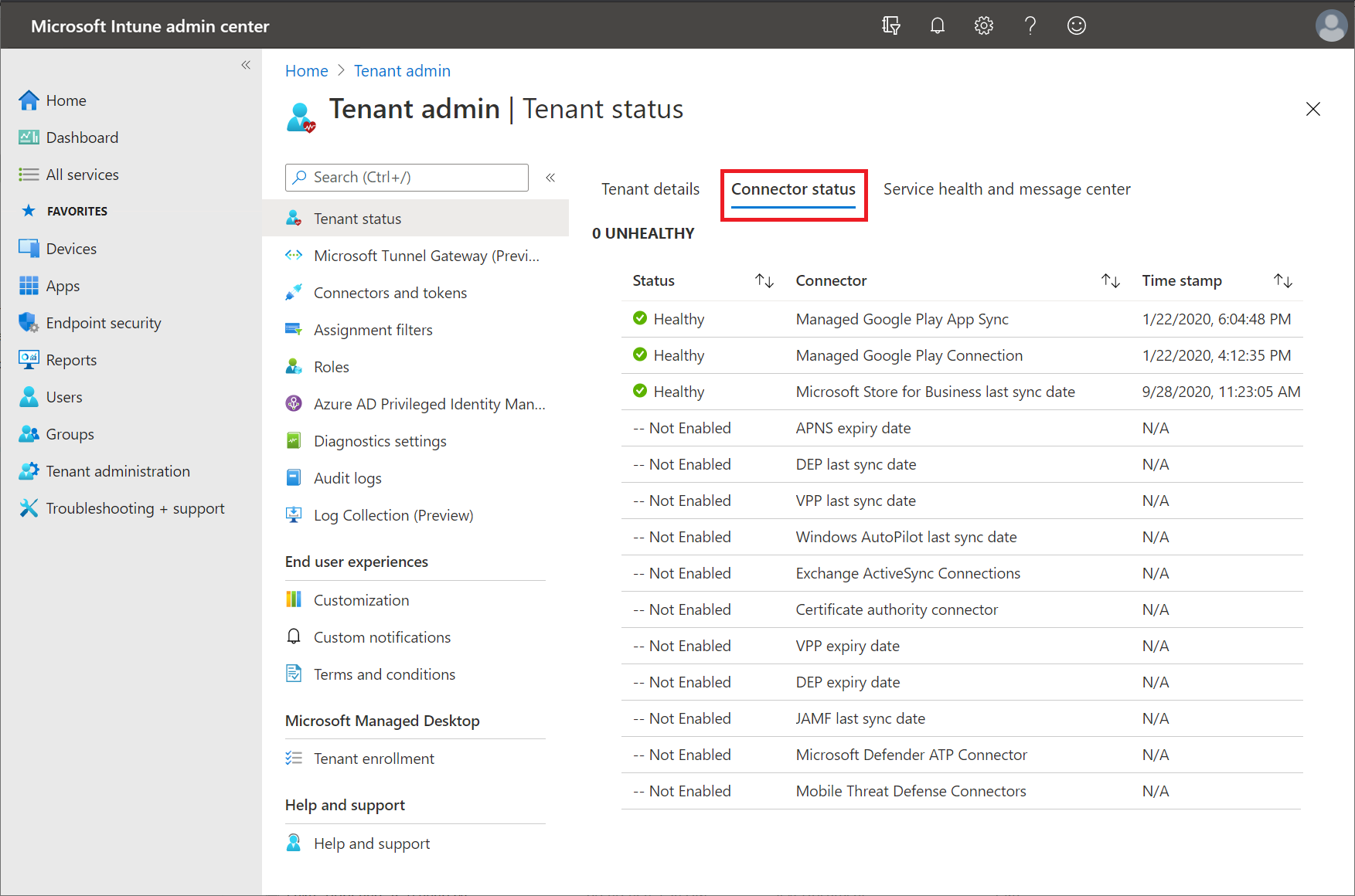 Screenshot of Intune Connector status in Microsoft Intune.