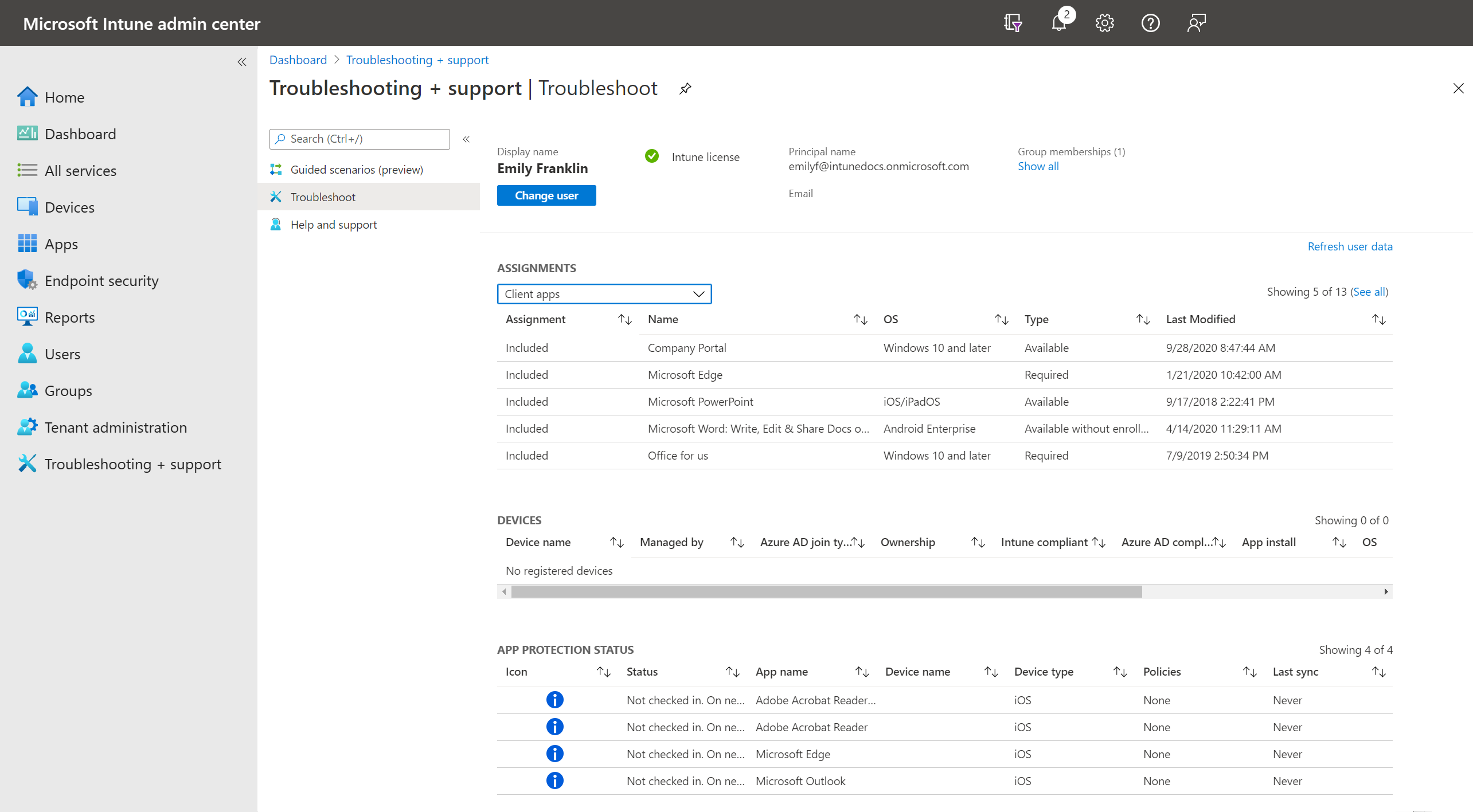 Screenshot of Intune Troublehooting workload in Microsoft Intune.