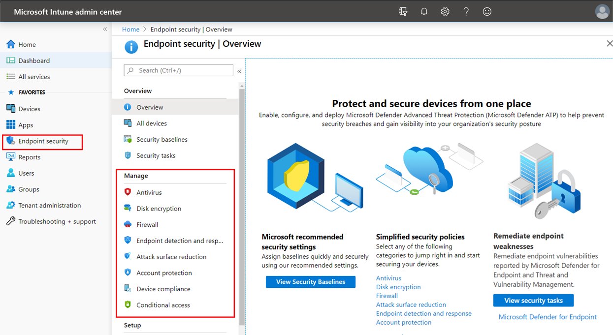 Screenshot of the Endpoint Security workload in Microsoft Intune.