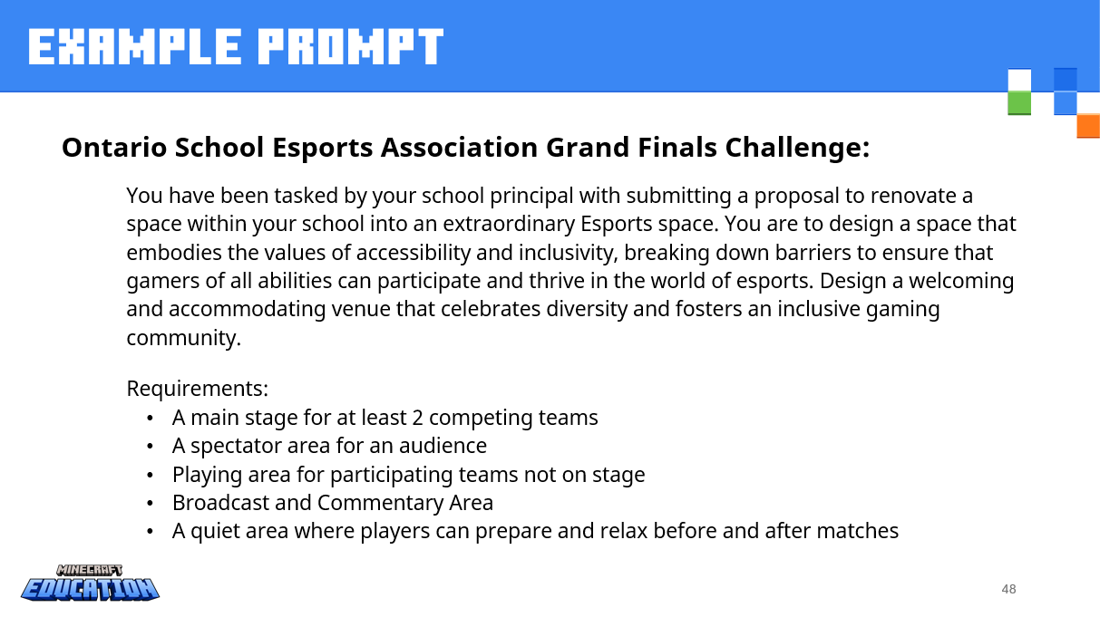 PowerPoint slide of Ontario School Esports Association Grand Finals Challenge prompt.