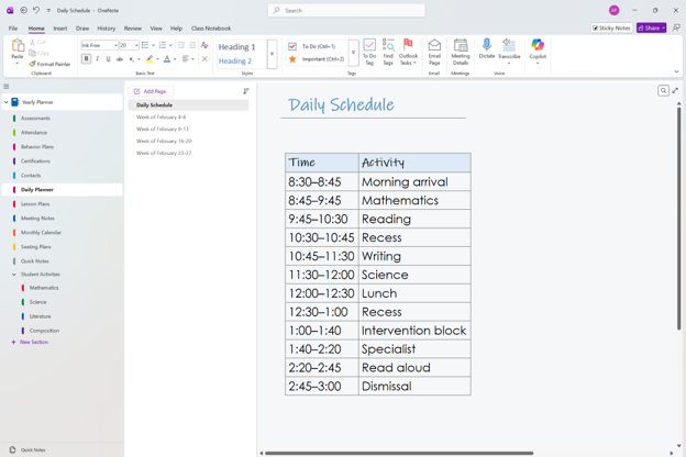 Screenshot of a digital daily schedule table for a classroom on a OneNote notebook page.