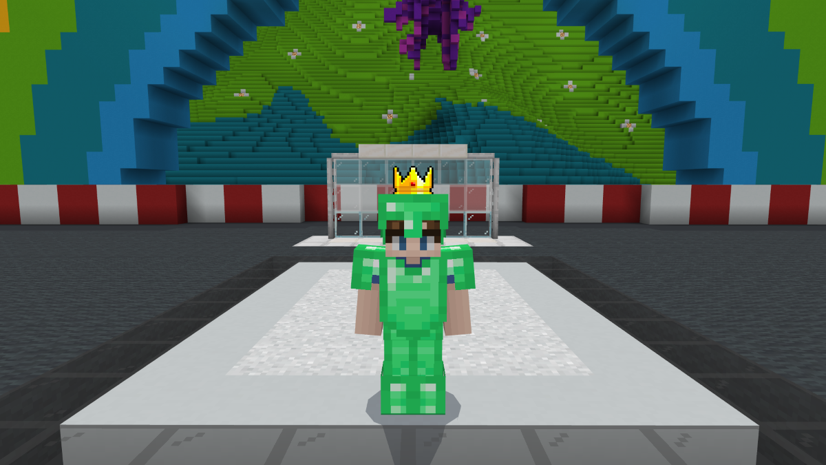 Screenshot of a Minecraft character in green armor.