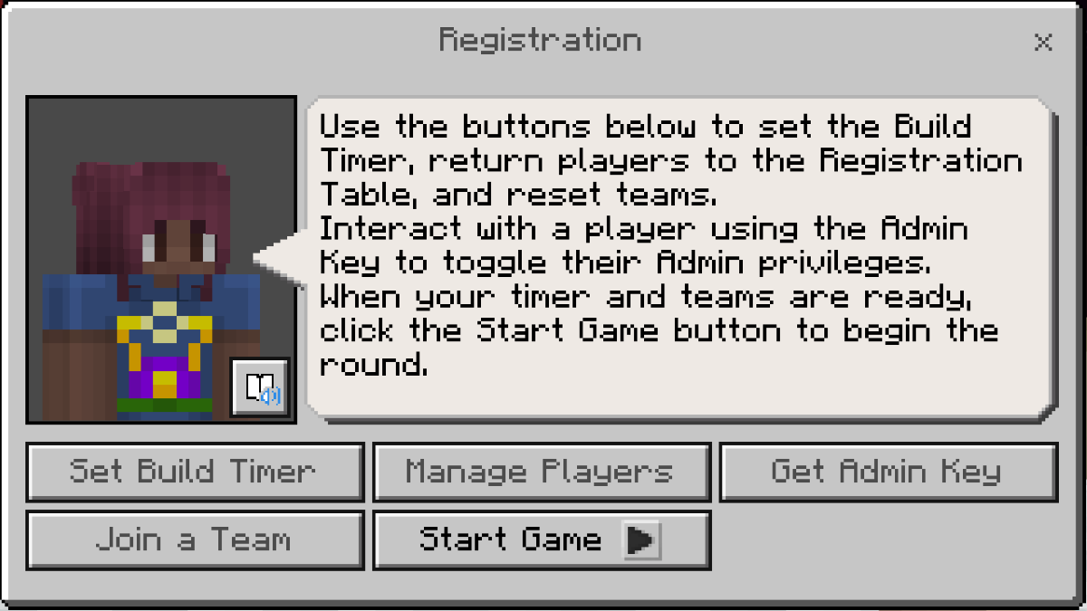 Screenshot of NPC dialogue box from a Minecraft Education Build Battle world showing host controls.