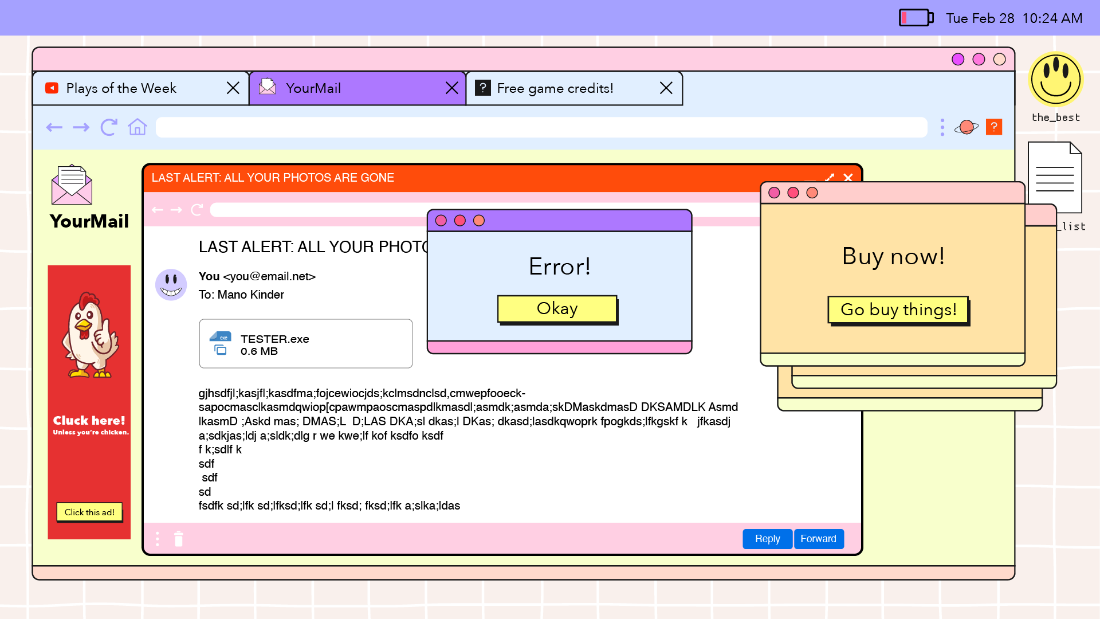 Illustration of a computer screen showing pop-up messages, ads, and suspicious emails.