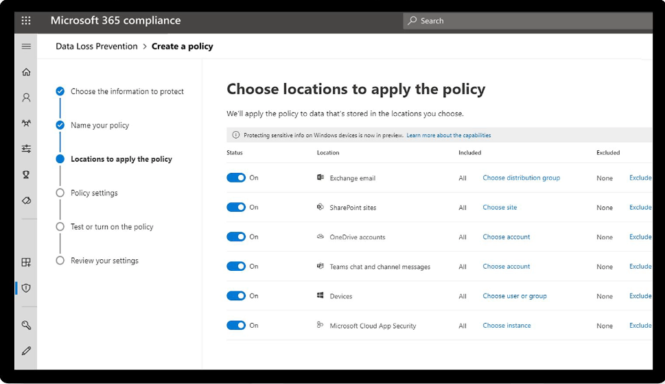 Screenshot of user interface of Microsoft Purview Data Loss Prevention.