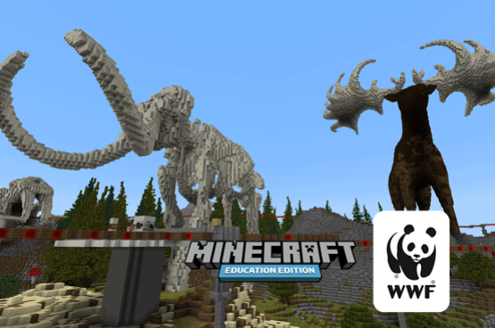 Screenshot of spawn point for Extinction Safari world in Minecraft Education.