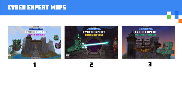 Screenshot of the maps in the Minecraft Education Cyber Expert collection.