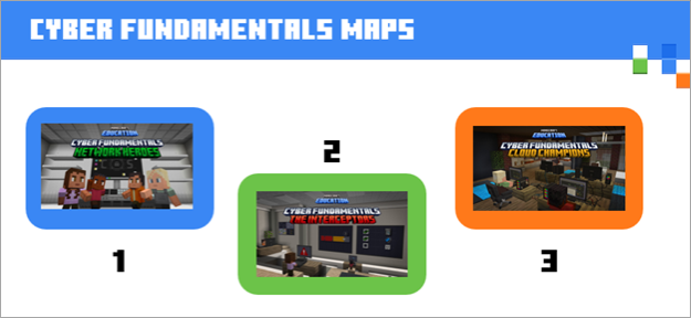 Screenshot of the maps in the Minecraft Education Cyber Fundamentals collection.