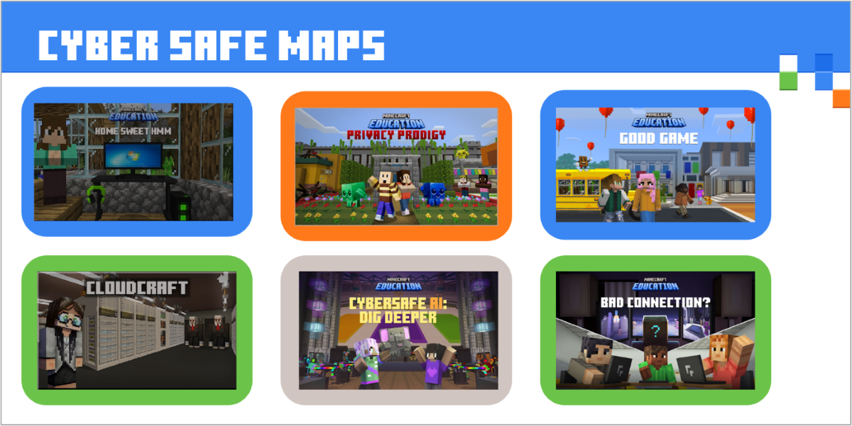Screenshot of the maps in the Minecraft Education Cyber Safe collection.