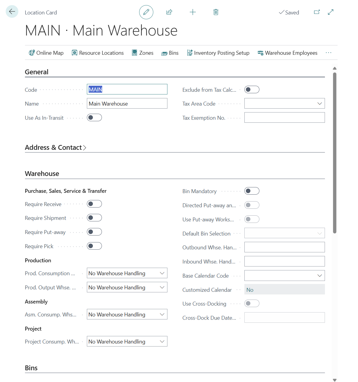 Screenshot of a Location card without warehouse tasks.