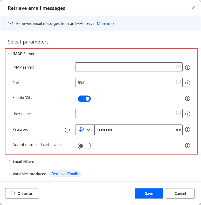 Screenshot of the IMAP server section in the Retrieve email messages action.