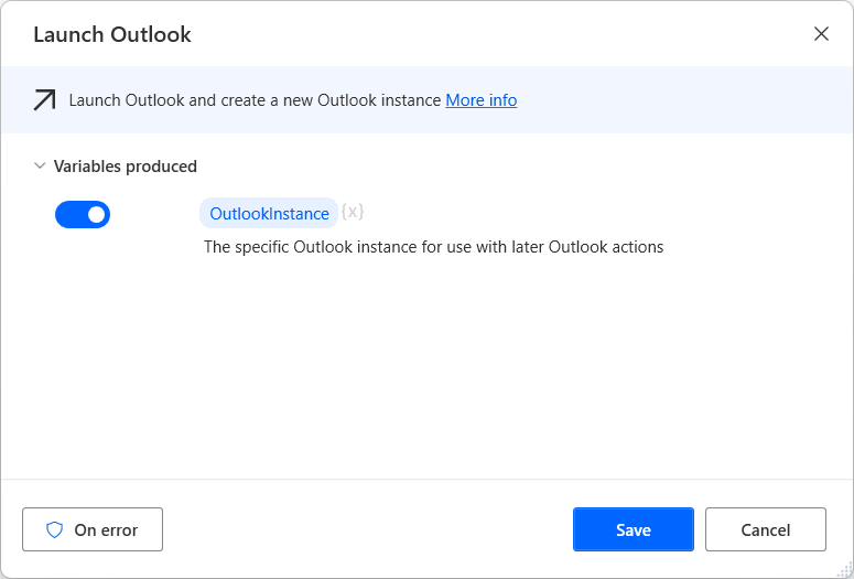 Screenshot of the Launch Outlook action dialog.