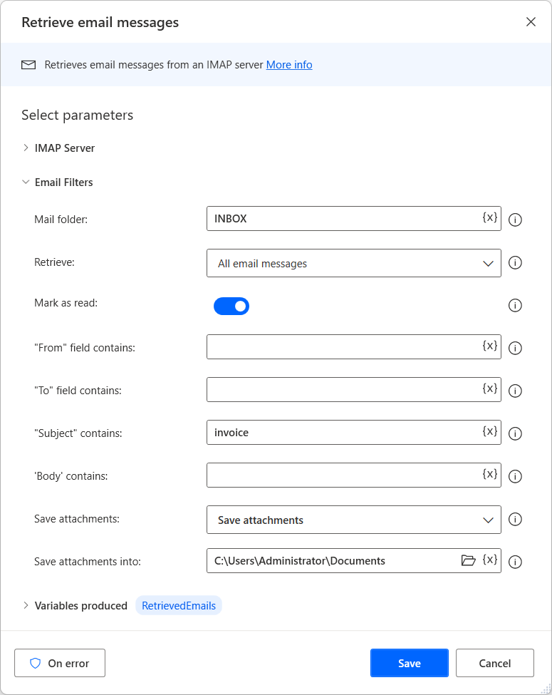 Screenshot of the Retrieve email messages action.