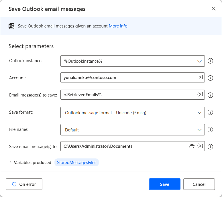 Screenshot of the Save Outlook email messages action dialog.