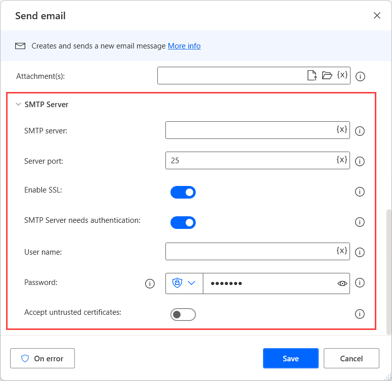 Screenshot of the SMTP server section in the Send email action.