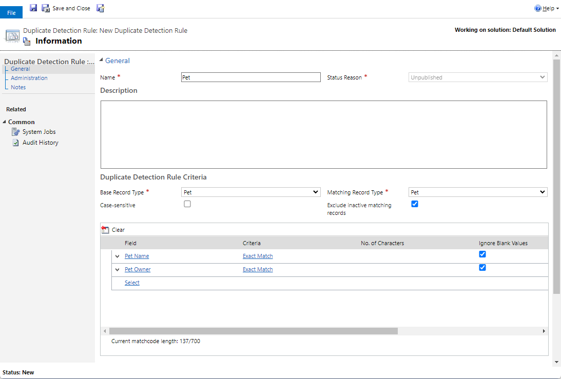 Screenshot of duplicate detection rule.