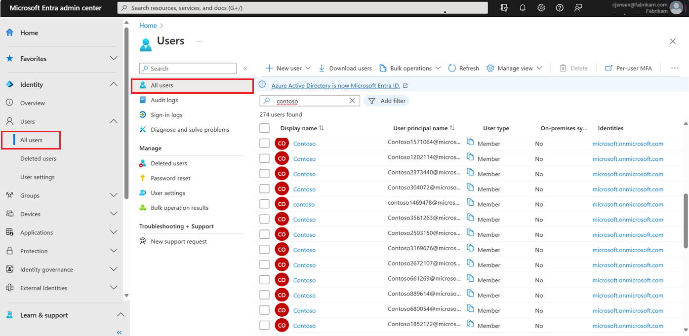 Screenshot showing the all users page in the Microsoft Entra administration center.
