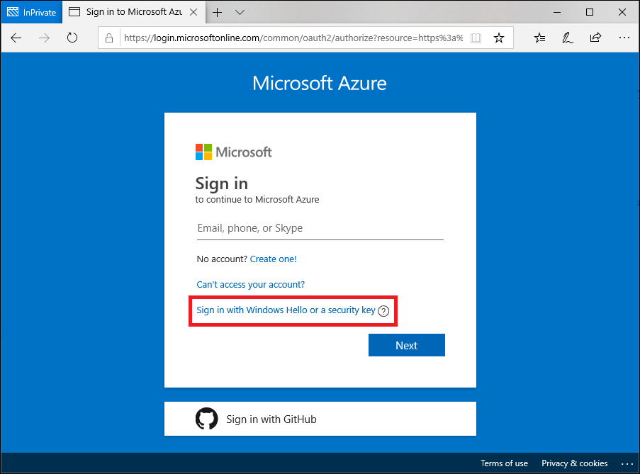 Screenshot showing a requirement to sign in with Windows Hello or a security key.
