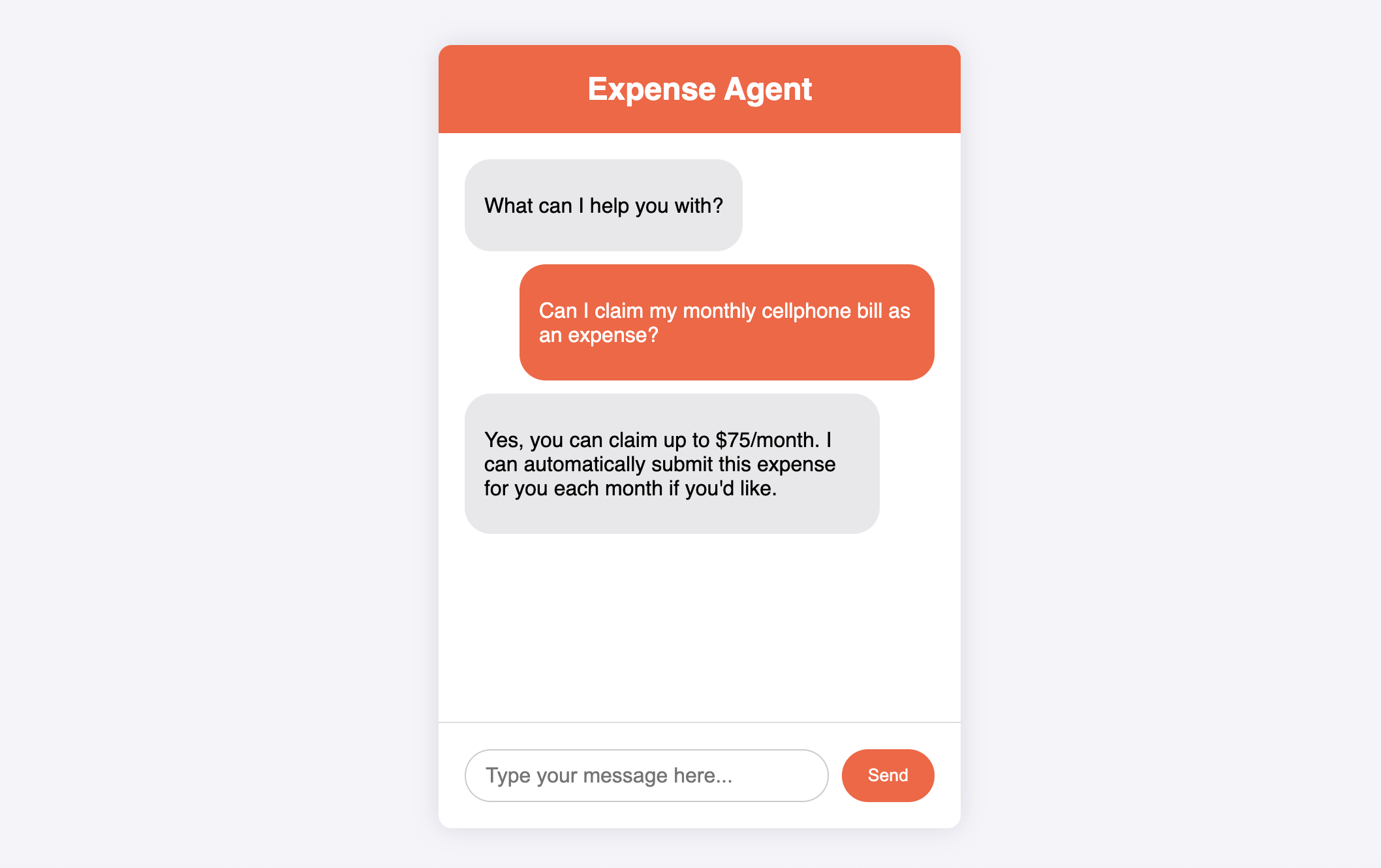 Mock-up of an expense agent responding to a question about monthly expenses.