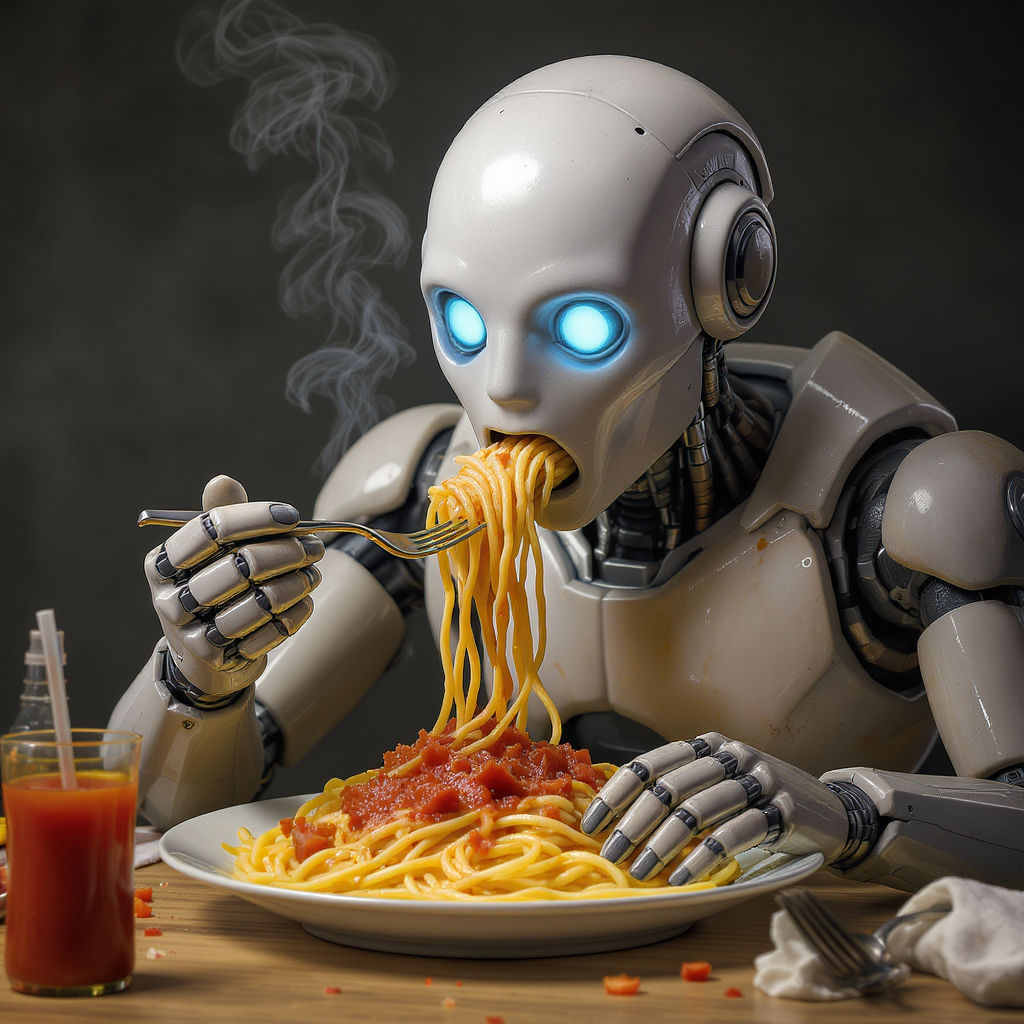 An illustration of a robot eating spaghetti.