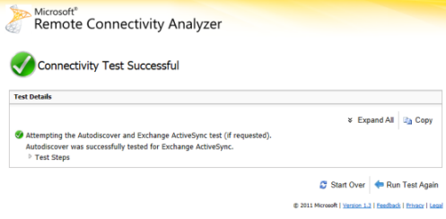 Screenshot of Test Details in the Remote Connectivity Analyzer window.